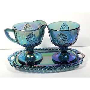 Vintage Indiana Blue Carnival Glass Creamer Sugar Bowl & Tray  Harvest Grape